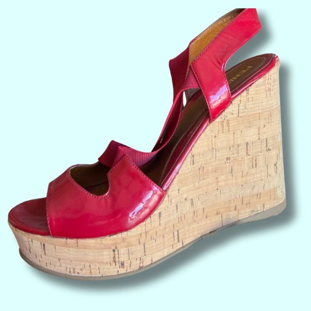 VINTAGE Fendi Red Patent Leather Cork Wedge Sandals – US 9 / Size 39